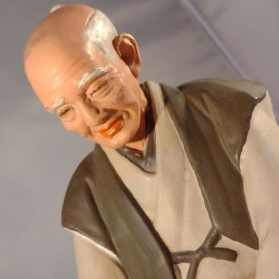 Vintage Hakata Urasaki Japanese Clay Figurine with Mat- Man Sitting (#13). (K)