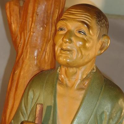 Vintage Hakata Urasaki Japanese Clay Table Top Lamp- Man Holding Axe (#12). (K)