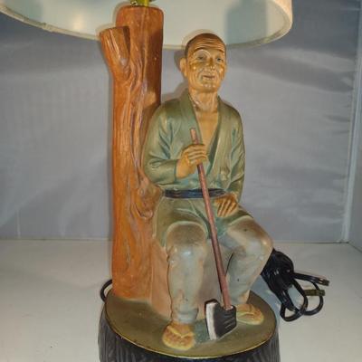 Vintage Hakata Urasaki Japanese Clay Table Top Lamp- Man Holding Axe (#12). (K)