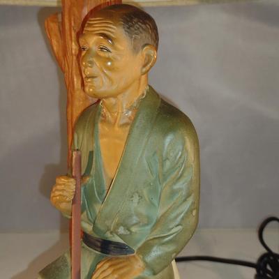 Vintage Hakata Urasaki Japanese Clay Table Top Lamp- Man Holding Axe (#12). (K)