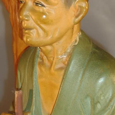 Vintage Hakata Urasaki Japanese Clay Table Top Lamp- Man Holding Axe (#12). (K)