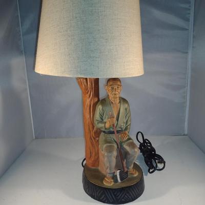Vintage Hakata Urasaki Japanese Clay Table Top Lamp- Man Holding Axe (#12). (K)