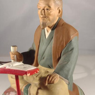 Vintage Hakata Urasaki Japanese Clay Table Top Lamp- Man Reading (#11) (K)