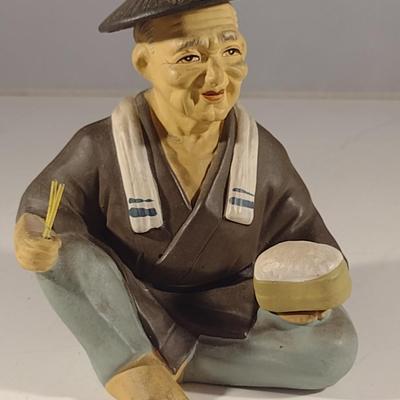 Vintage Japanese Clay Figurine- Man Eating Rice (#10) (K)