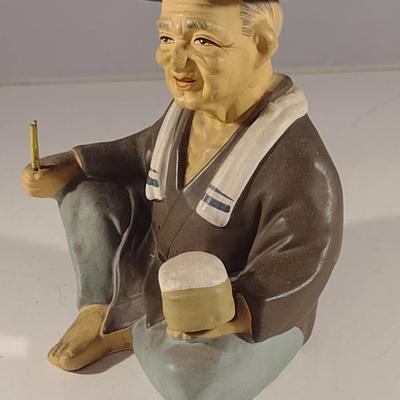 Vintage Japanese Clay Figurine- Man Eating Rice (#10) (K)