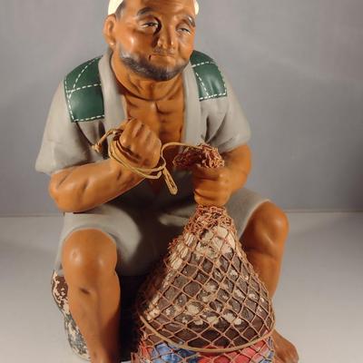 Vintage Hakata Urasaki Japanese Clay Figurine- Fisherman with Net (#8) (K)