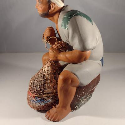 Vintage Hakata Urasaki Japanese Clay Figurine- Fisherman with Net (#8) (K)