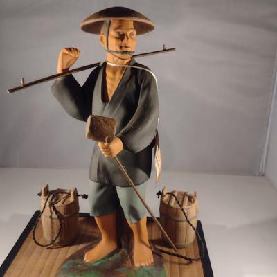 Vintage Hakata Urasaki Japanese Clay Figurine with Mat- Honey Bucket (#7) (K)