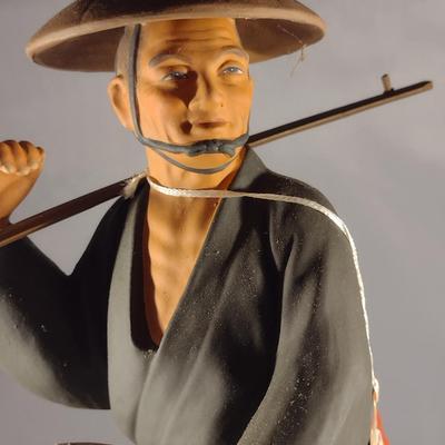 Vintage Hakata Urasaki Japanese Clay Figurine with Mat- Honey Bucket (#7) (K)