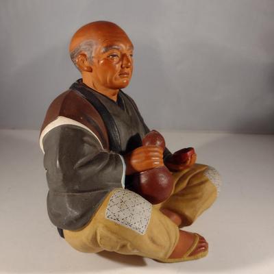 Vintage Hakata Urasaki Japanese Clay Figurine- Man Drinking Tea (#4) (K)