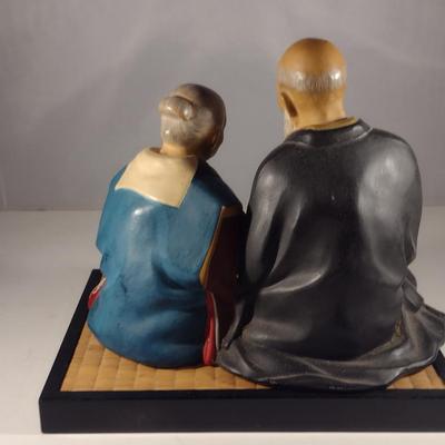 Vintage Hakata Urasaki Japanese Clay Figurine with Mat- Couple Reading Book (#3) (K)