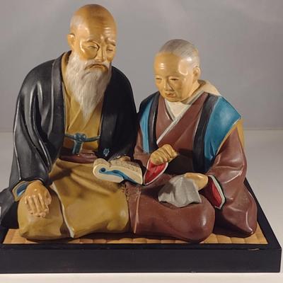Vintage Hakata Urasaki Japanese Clay Figurine with Mat- Couple Reading Book (#3) (K)
