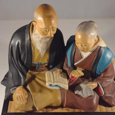 Vintage Hakata Urasaki Japanese Clay Figurine with Mat- Couple Reading Book (#3) (K)