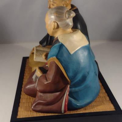 Vintage Hakata Urasaki Japanese Clay Figurine with Mat- Couple Reading Book (#3) (K)