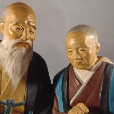 Vintage Hakata Urasaki Japanese Clay Figurine with Mat- Couple Reading Book (#3) (K)