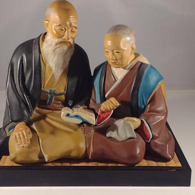 Vintage Hakata Urasaki Japanese Clay Figurine with Mat- Couple Reading Book (#3) (K)