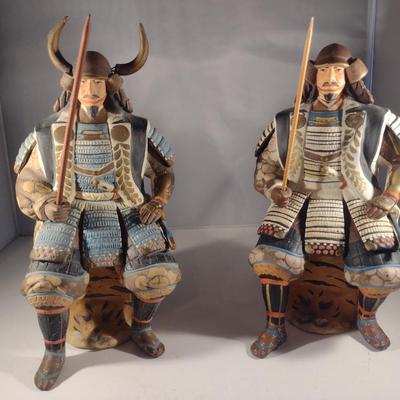Pair of Vintage Hakata Urasaki Japanese Clay Figurines- Samurai Warriors in Full Armor (#1) (K)