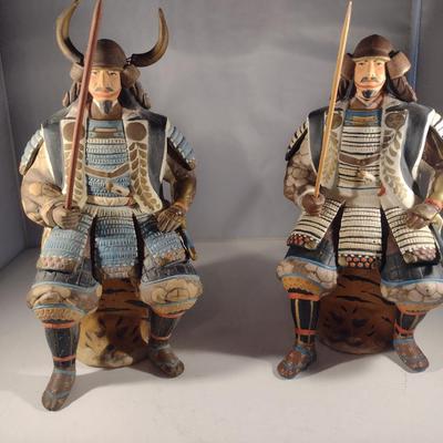 Pair of Vintage Hakata Urasaki Japanese Clay Figurines- Samurai Warriors in Full Armor (#1) (K)