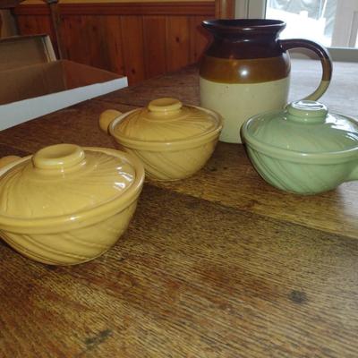 Collection of Pottery Kitchen Items- Pitcher, Coffee Cup, and Covered Bakers (K)