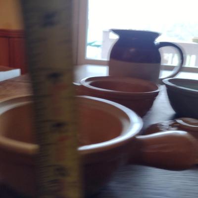 Collection of Pottery Kitchen Items- Pitcher, Coffee Cup, and Covered Bakers (K)