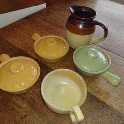 Collection of Pottery Kitchen Items- Pitcher, Coffee Cup, and Covered Bakers (K)