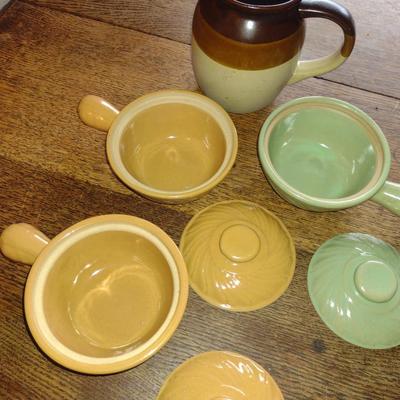 Collection of Pottery Kitchen Items- Pitcher, Coffee Cup, and Covered Bakers (K)