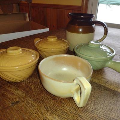 Collection of Pottery Kitchen Items- Pitcher, Coffee Cup, and Covered Bakers (K)