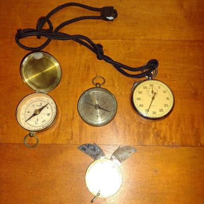 Collection of Pocket Sized Outdoor Items- Compasses, Stop Watch, Folding Sta-Sharp Cutlery (K)