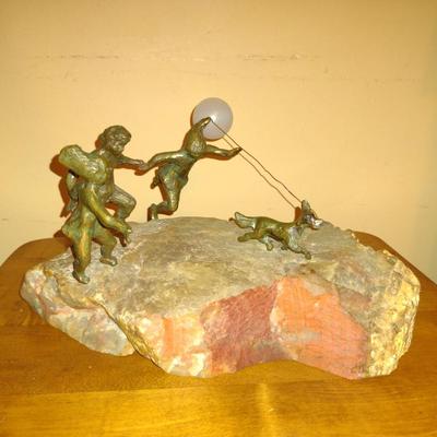 Family Chasing Dog with Balloon Brass Sculpture on Stone Base (K)