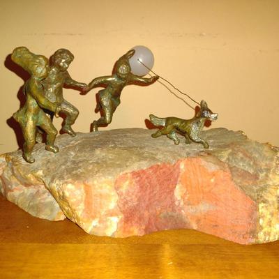 Family Chasing Dog with Balloon Brass Sculpture on Stone Base (K)