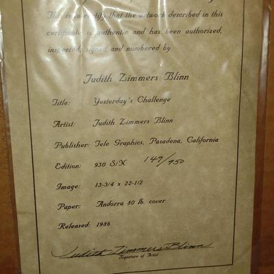 'Yesterday's Challenge' by Judith Zimmers Blinn Signed and Numbered Print Framed Under Glass (K)