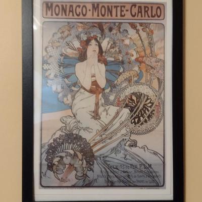"Monaco Monte-Carlo" by Alphonse Mucha Art Nouveau Style Print- Framed Under Glass- Approx 13 1/2" x 19 1/2" (K)