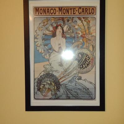 "Monaco Monte-Carlo" by Alphonse Mucha Art Nouveau Style Print- Framed Under Glass- Approx 13 1/2" x 19 1/2" (K)
