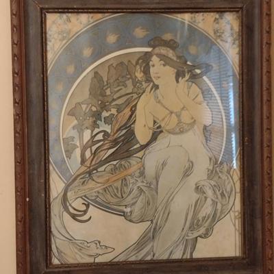 "La Musique" by Alphonse Mucha Art Nouveau Style Print- Framed Under Glass- Approx 24" x 19 3/4" (K)