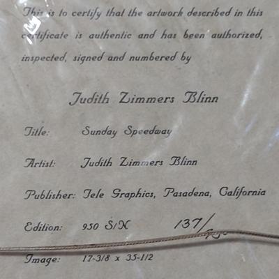 'Sunday Speedway' by Judith Zimmers Blinn- Framed Under Glass- Signed and Numbered Print (K)