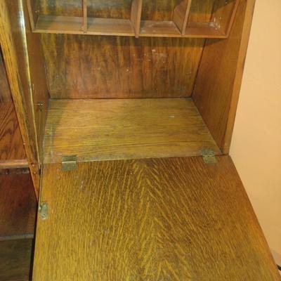 Vintage Tiger Oak Side by Side Book Shelf and Secretary with Mirror (K)