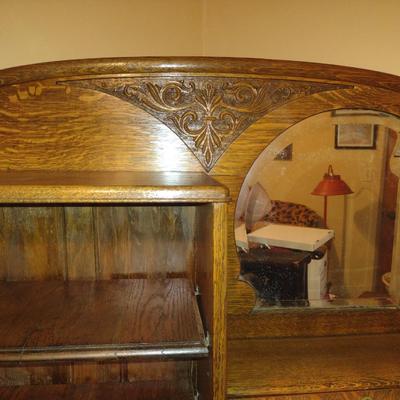 Vintage Tiger Oak Side by Side Book Shelf and Secretary with Mirror (K)