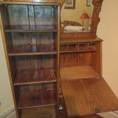 Vintage Tiger Oak Side by Side Book Shelf and Secretary with Mirror (K)