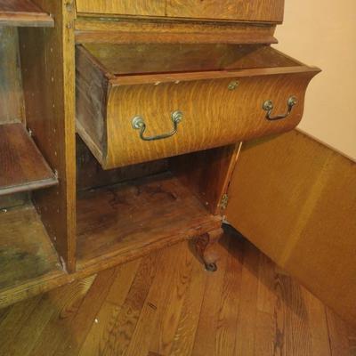 Vintage Tiger Oak Side by Side Book Shelf and Secretary with Mirror (K)