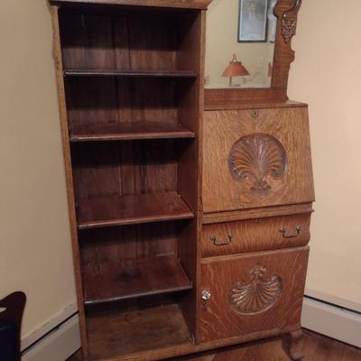 Vintage Tiger Oak Side by Side Book Shelf and Secretary with Mirror (K)