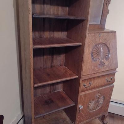 Vintage Tiger Oak Side by Side Book Shelf and Secretary with Mirror (K)