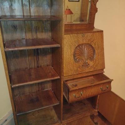 Vintage Tiger Oak Side by Side Book Shelf and Secretary with Mirror (K)