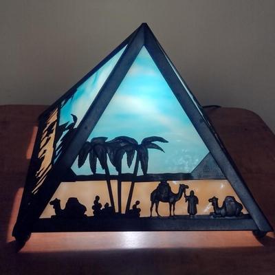 Meyda Tiffany Stained Glass Pyramid Shaped Table Top Lamp/Night Light with Camels and Desert Scene (K)