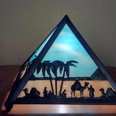 Meyda Tiffany Stained Glass Pyramid Shaped Table Top Lamp/Night Light with Camels and Desert Scene (K)