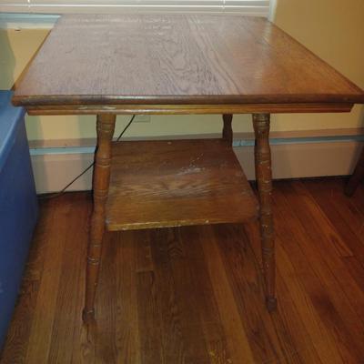 Vintage Wooden Accent Table with Stretcher Shelf- Approx 24" Square, 27" Tall (K)