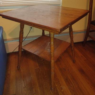 Vintage Wooden Accent Table with Stretcher Shelf- Approx 24" Square, 27" Tall (K)