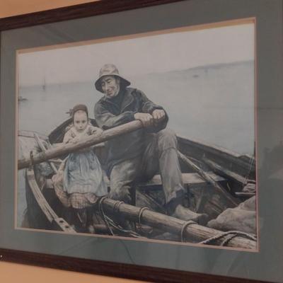 "The Helping Hand" by Emile Renouf Print- Framed Under Glass- Approx 29" x 36" (K)
