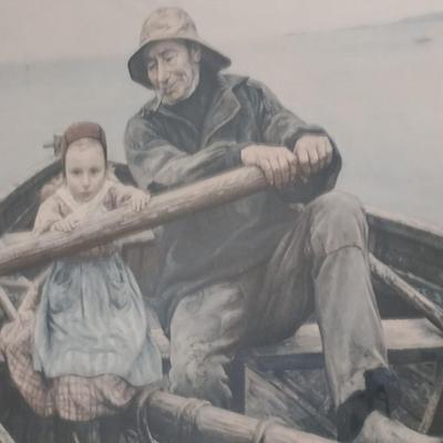 "The Helping Hand" by Emile Renouf Print- Framed Under Glass- Approx 29" x 36" (K)