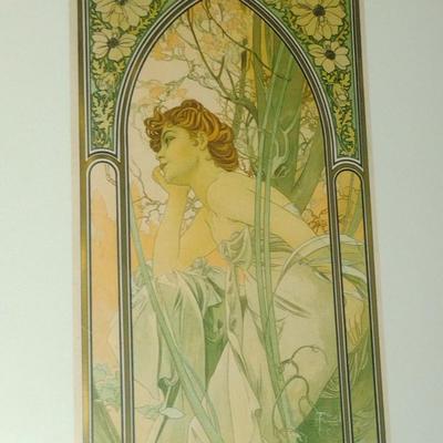 "Evening Reverie" by Alphonse Mucha Art Nouveau Style Print- Framed Under Glass- Approx 16 3/4" x 20 3/4" (K)