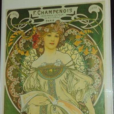 "F. Champenois" by Alphonse Mucha Art Nouveau Style Print- Framed Under Glass- Approx 13 1/2" x 19 1/2" (K)